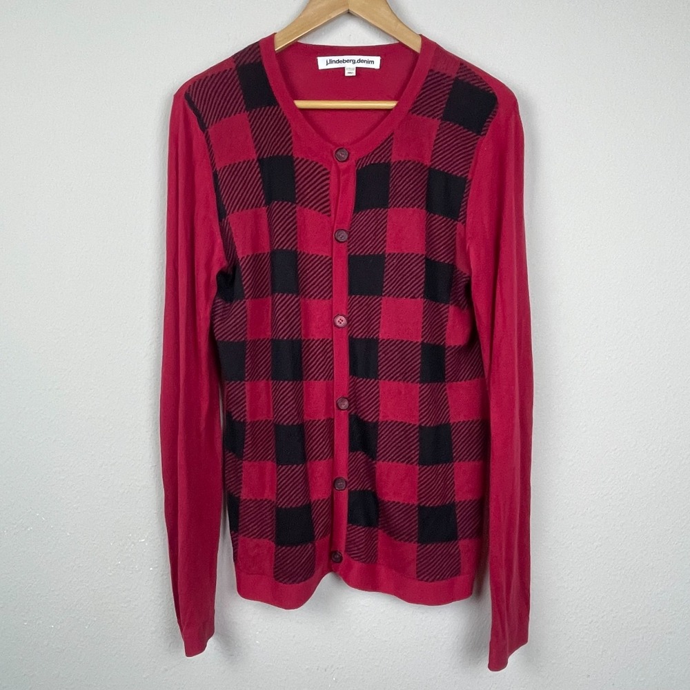 J.Lindeberg Cardigan L Red Black Gingham Plaid Cotton Tencel Blend Long Sleeve